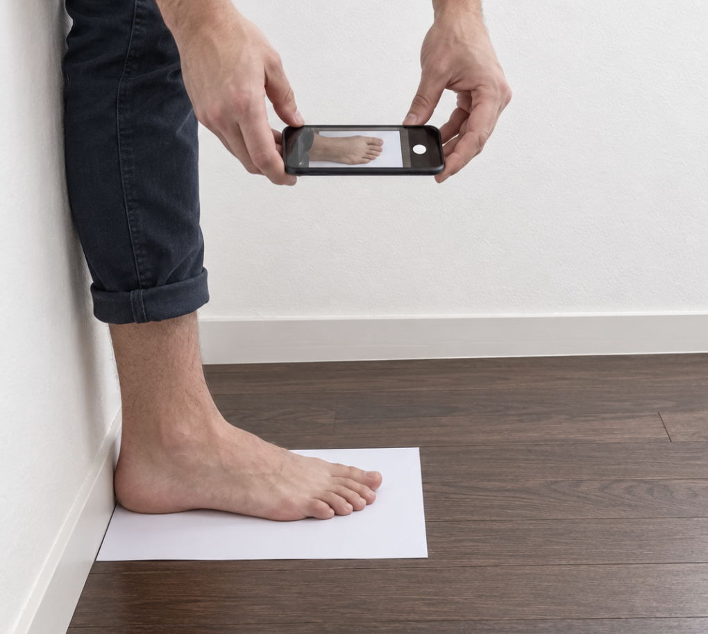 Un pied nu posé sur une feuille A4 contre un mur, photographié avec un téléphone